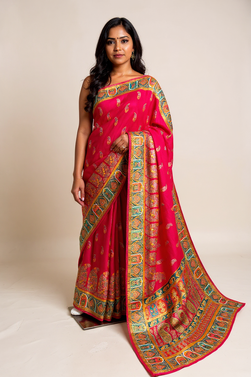 Elegant Pink Banarasi Saree with Multicolor Woven Border