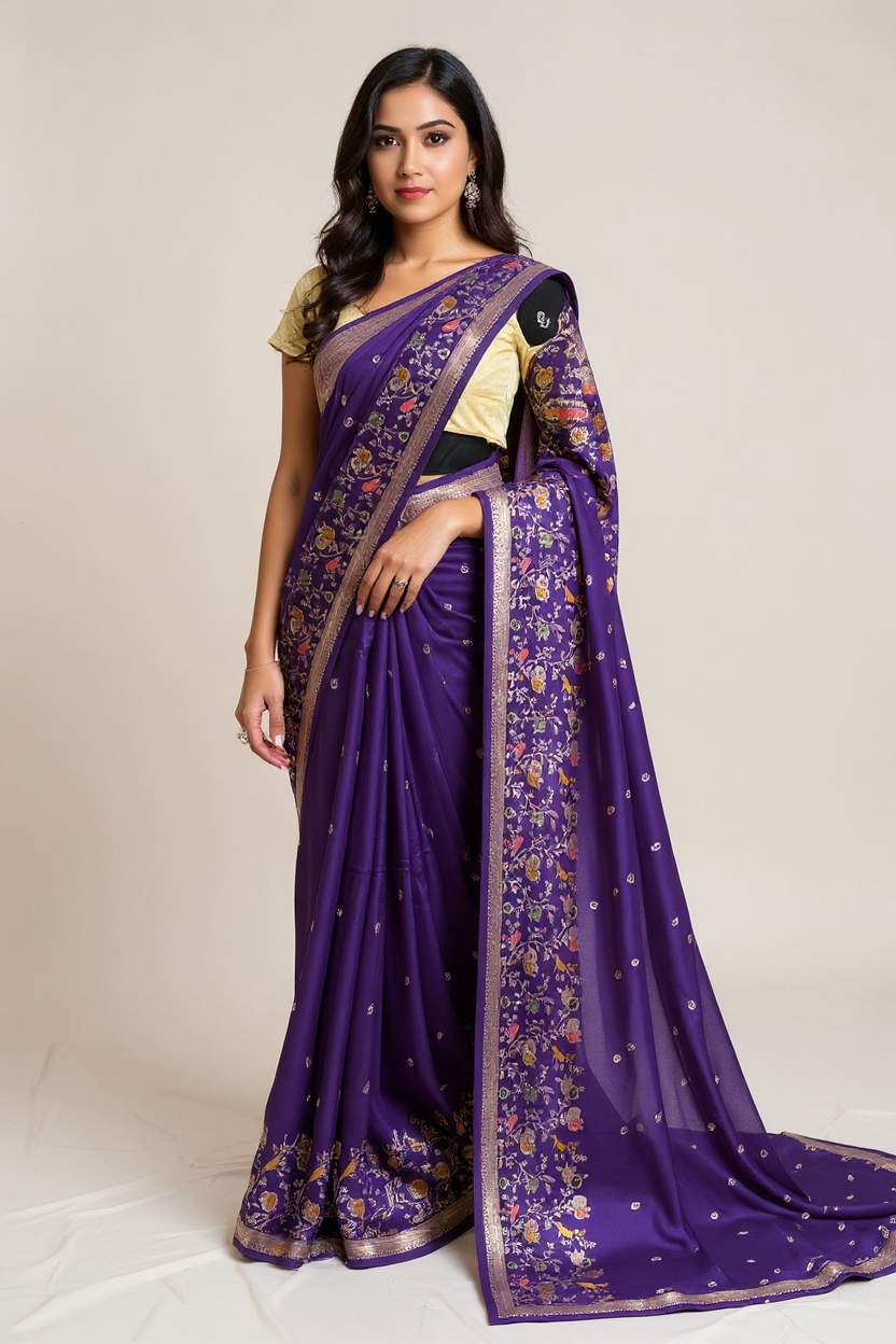 Royal Purple Banarasi Saree with Elegant Floral Detailing