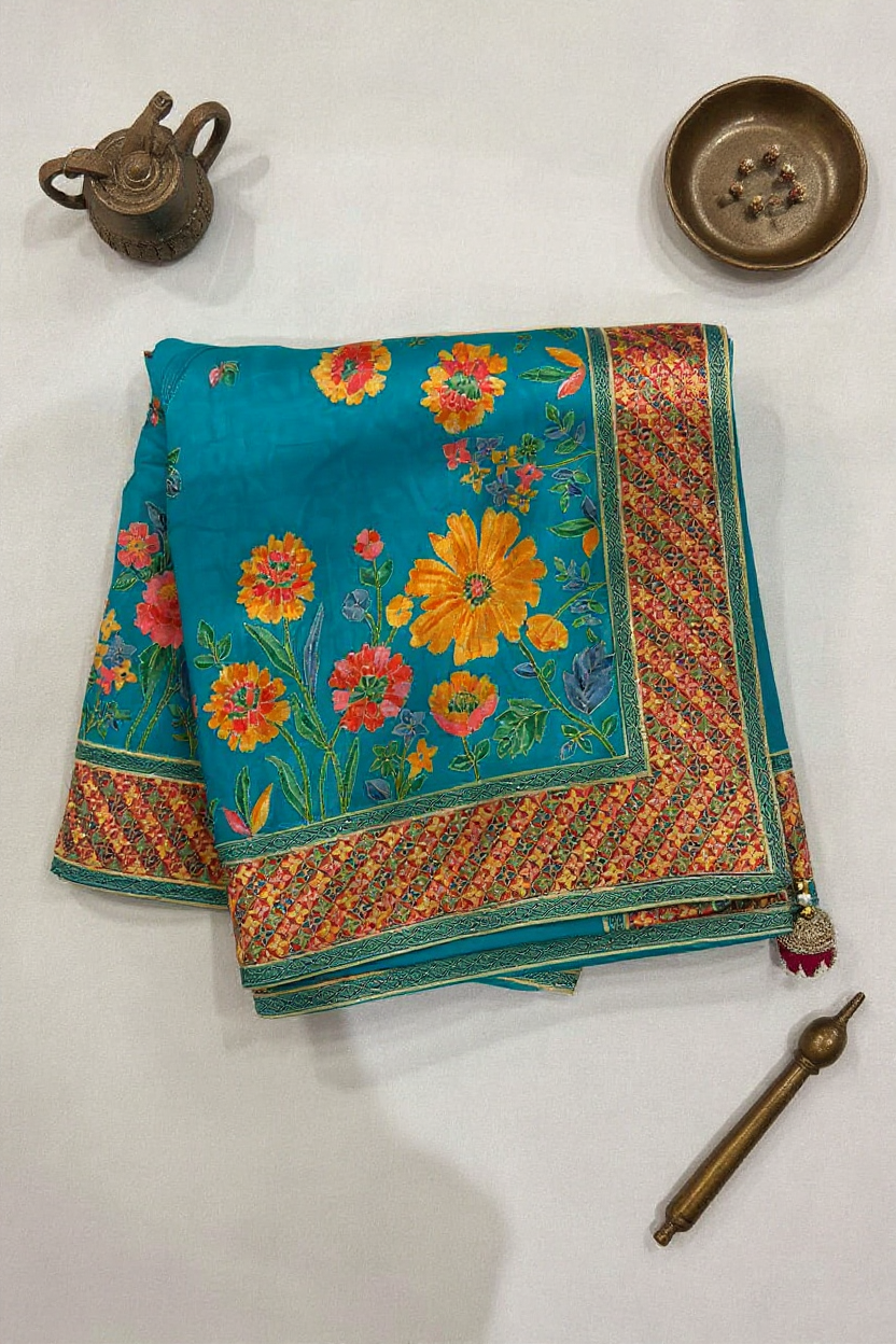 Elegant Sky Blue Banarasi Saree with Floral Woven Motifs