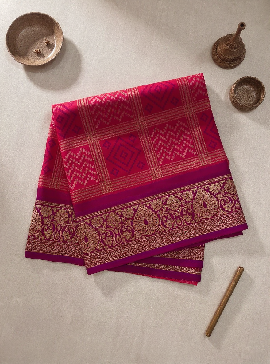Elegant Pink Banarasi Saree with Rich Woven Patterns