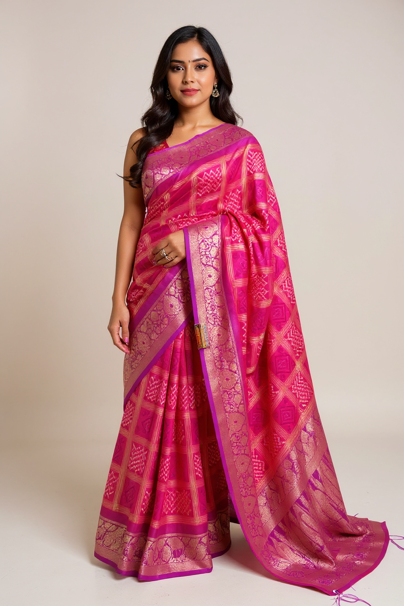 Elegant Pink Banarasi Saree with Rich Woven Patterns