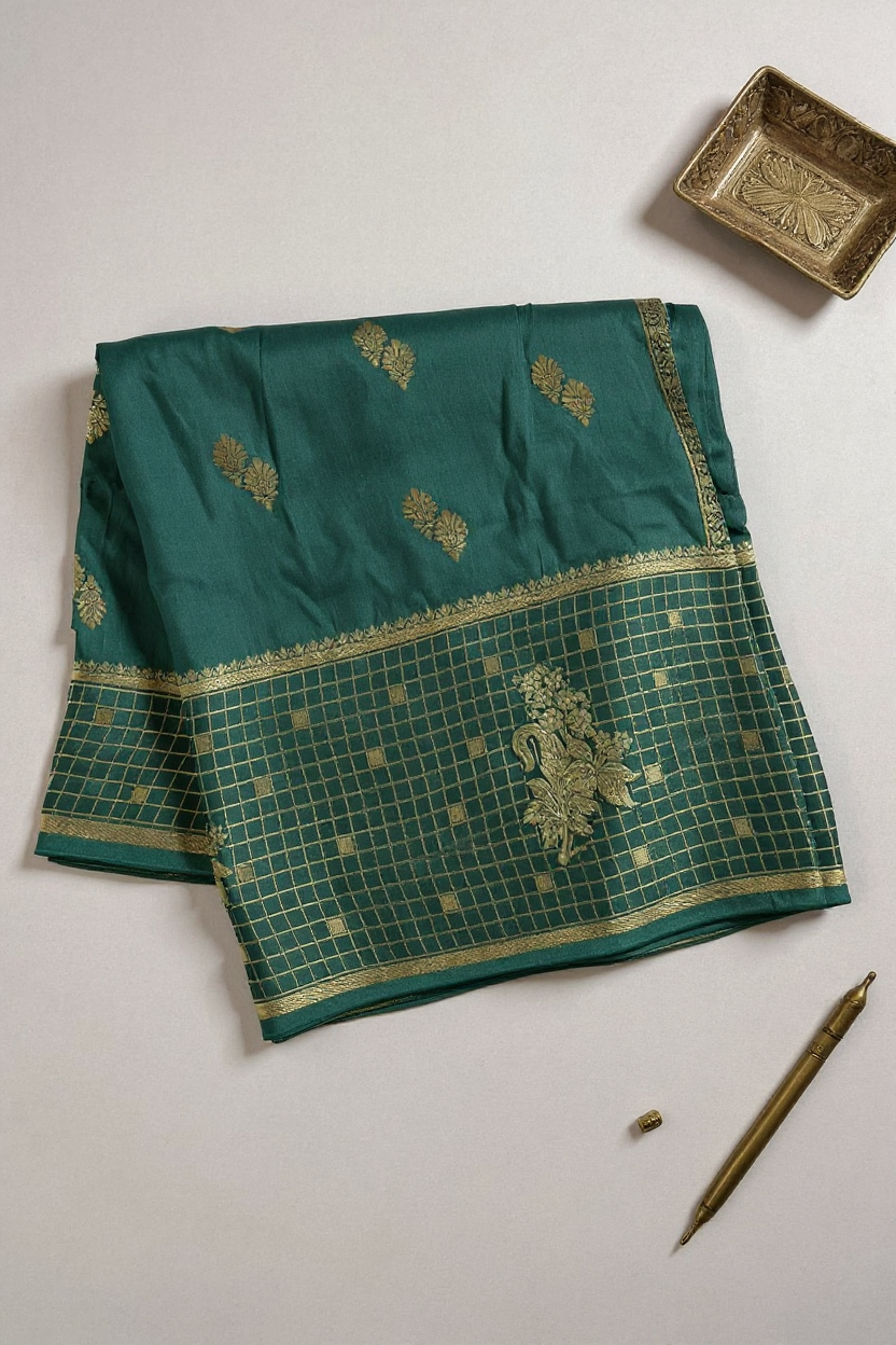 Elegant Rama Green Banarasi Saree with Gold Woven Motifs