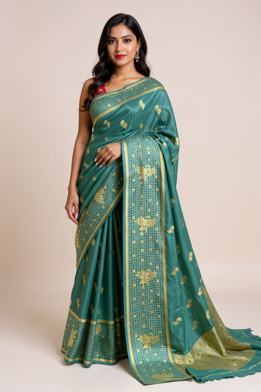 Elegant Rama Green Banarasi Saree with Gold Woven Motifs