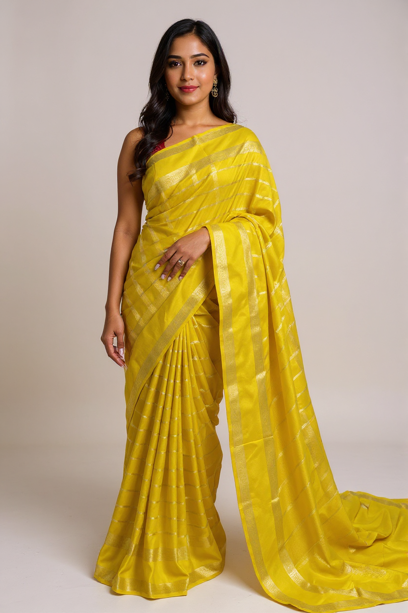 Radiant Yellow Banarasi Saree with Subtle Golden Stripes