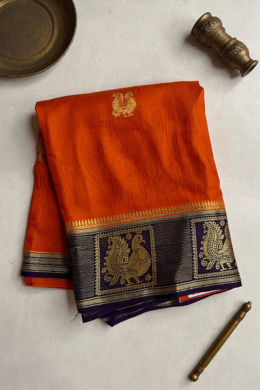 Classic Orange Banarasi Saree with Navy Blue Woven Border