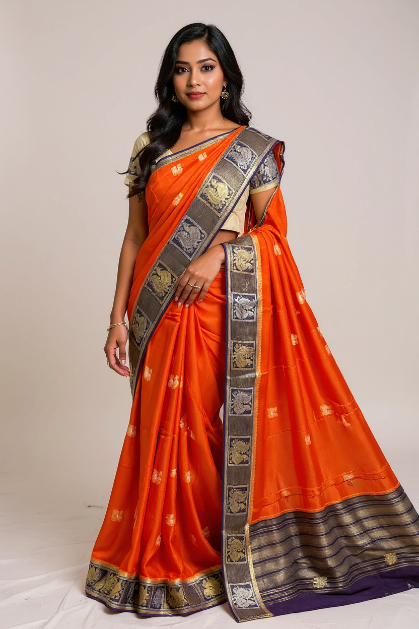 Classic Orange Banarasi Saree with Navy Blue Woven Border