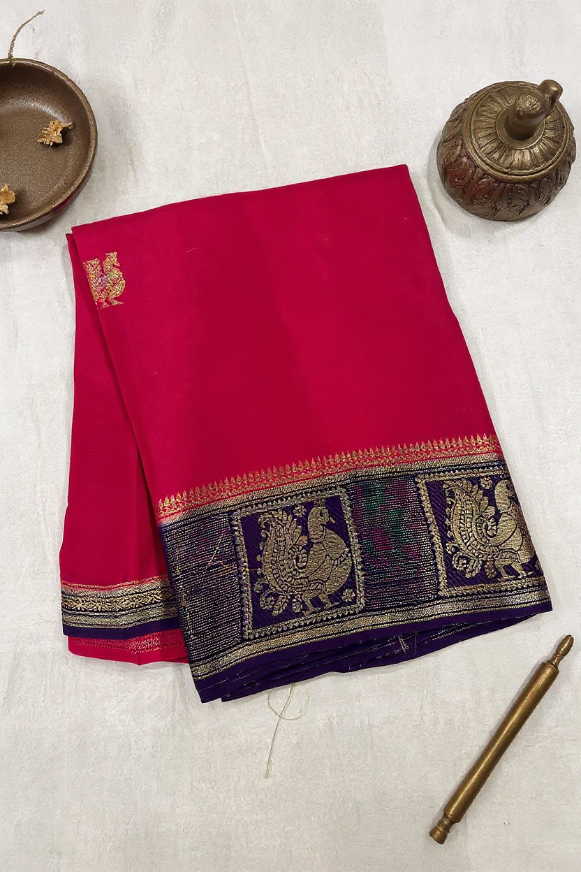 Elegant Pink Banarasi Saree with Navy Blue Woven Border