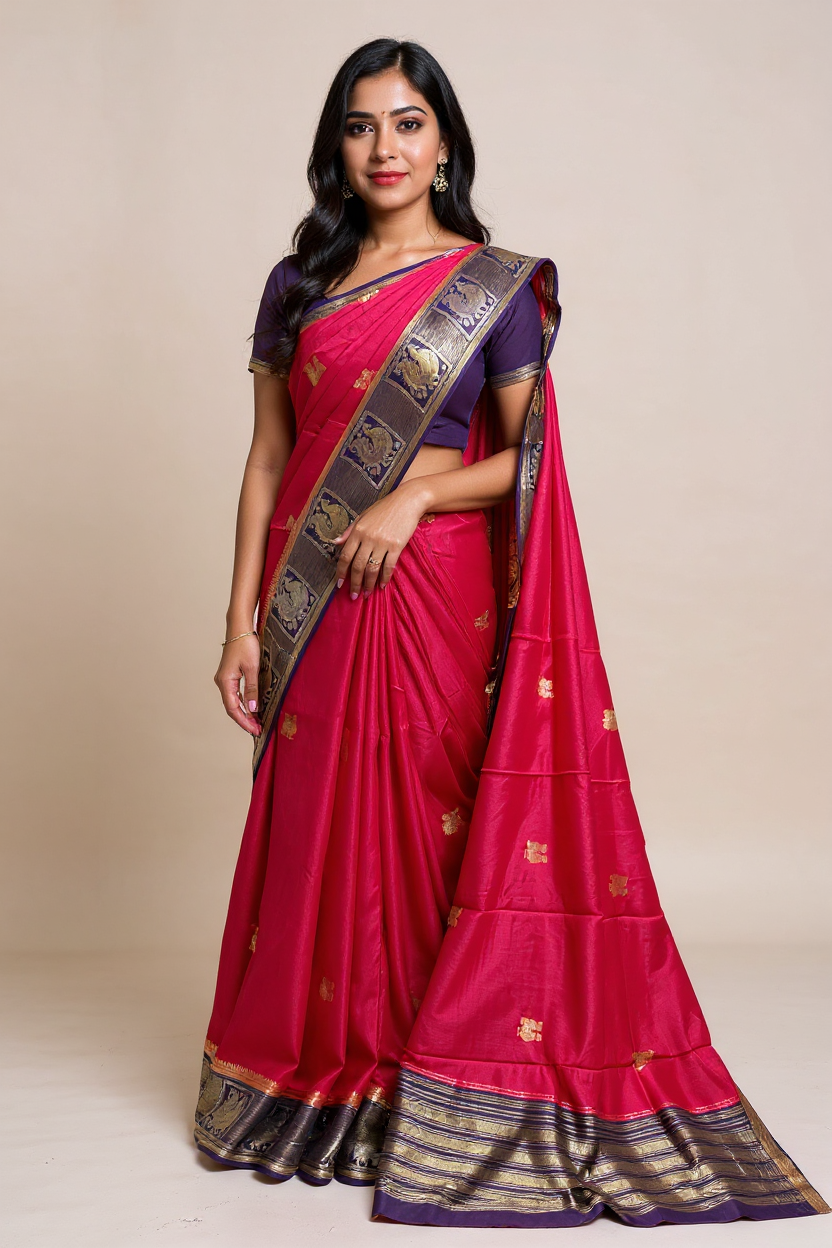 Elegant Pink Banarasi Saree with Navy Blue Woven Border