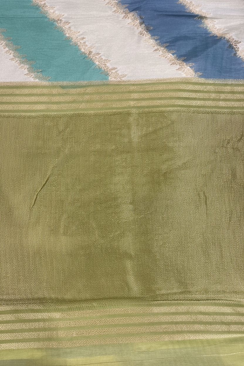 Graceful White Multicolor Banarasi Saree with Green Woven Border