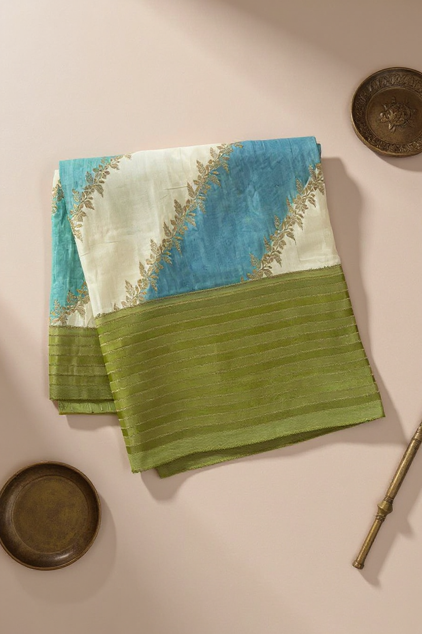 Graceful White Multicolor Banarasi Saree with Green Woven Border