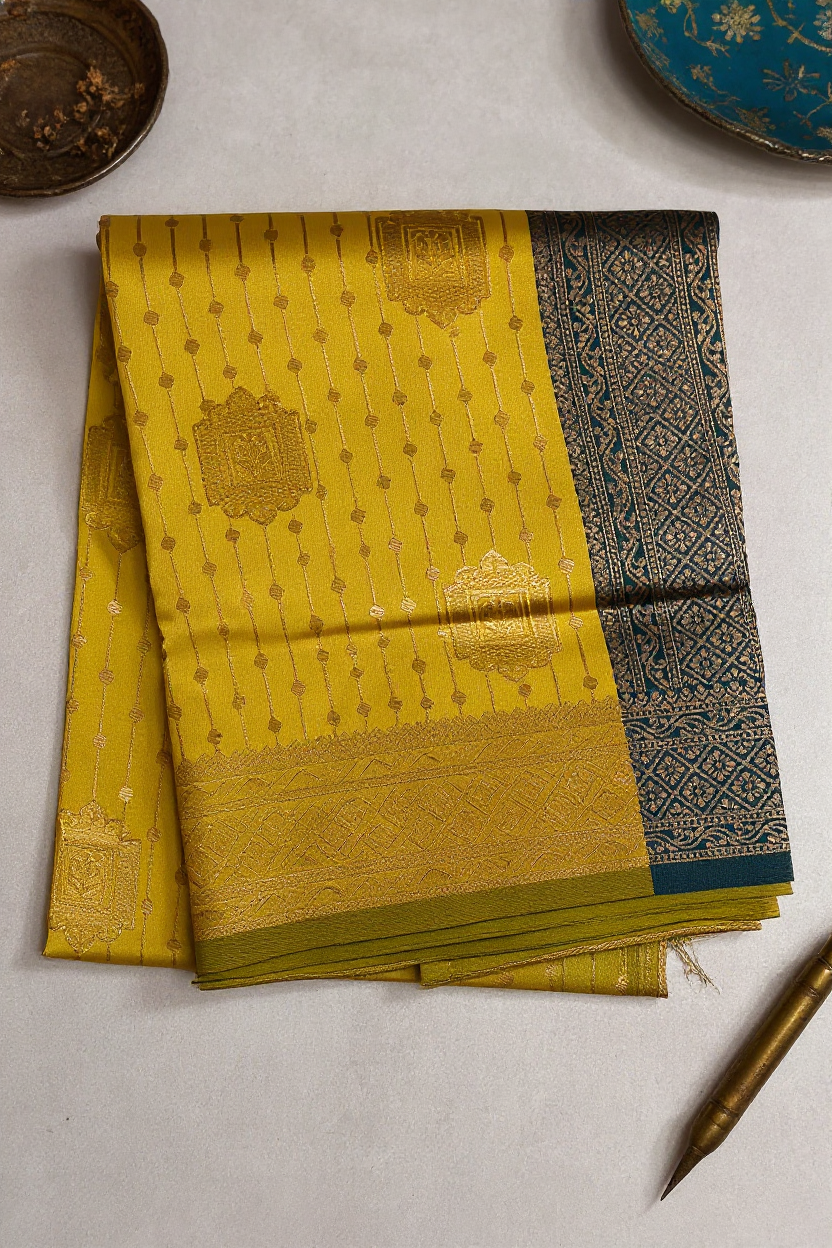 Elegant Semi-Soft Silk Saree – Mustard Yellow & Green Border
