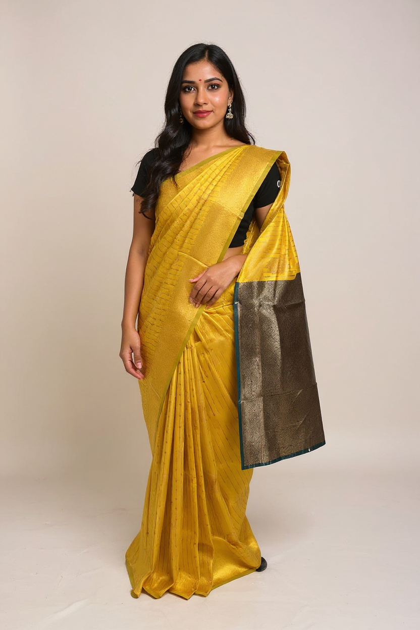 Elegant Semi-Soft Silk Saree – Mustard Yellow & Green Border