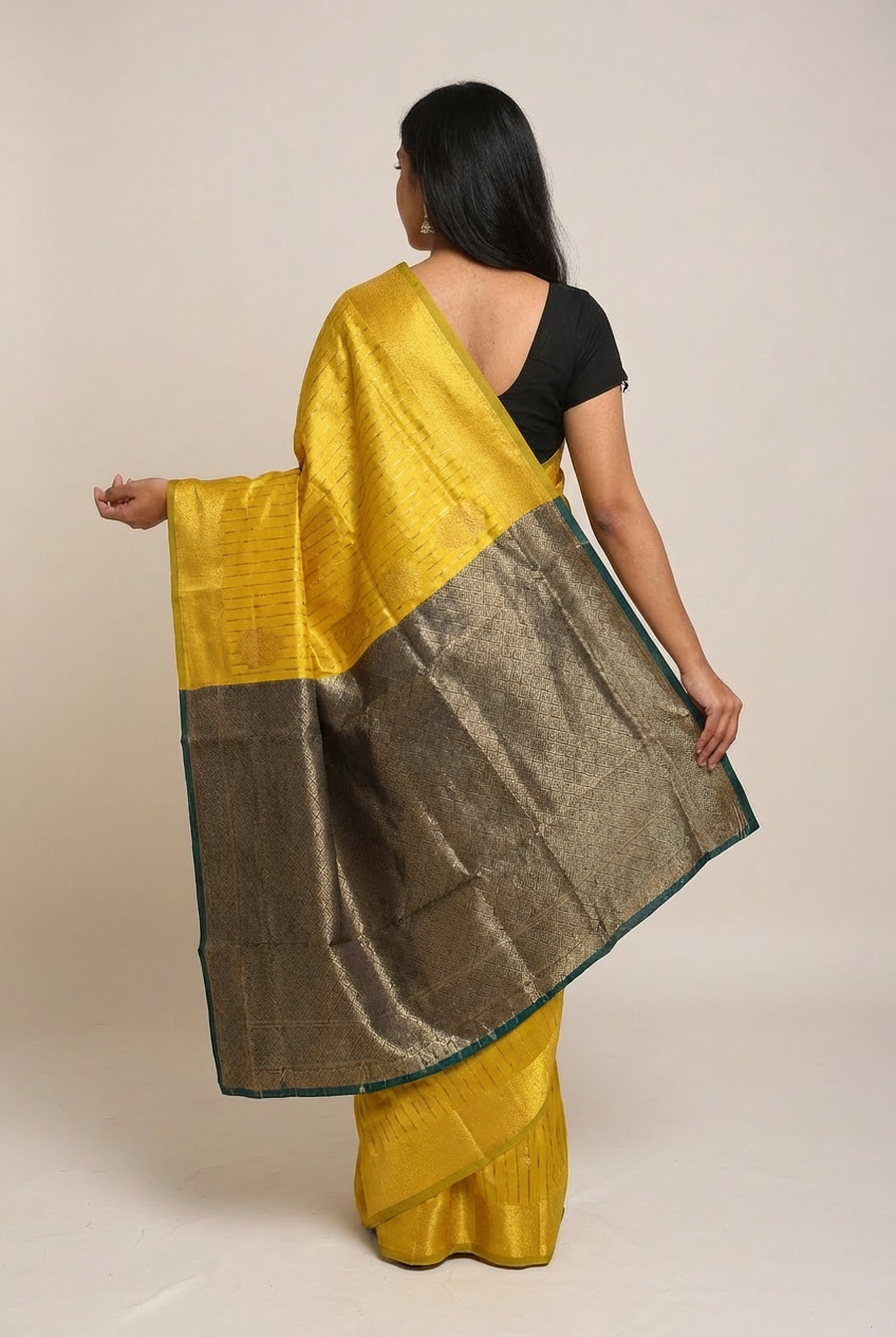 Elegant Semi-Soft Silk Saree – Mustard Yellow & Green Border