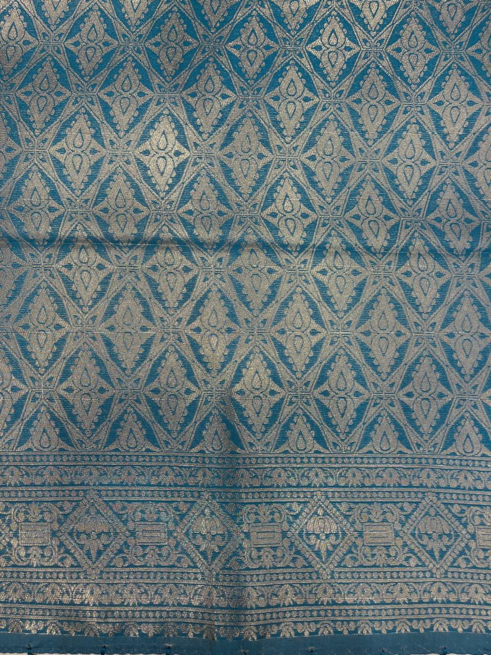 Semi-Silk Saree in Off White with Peacock Green Border