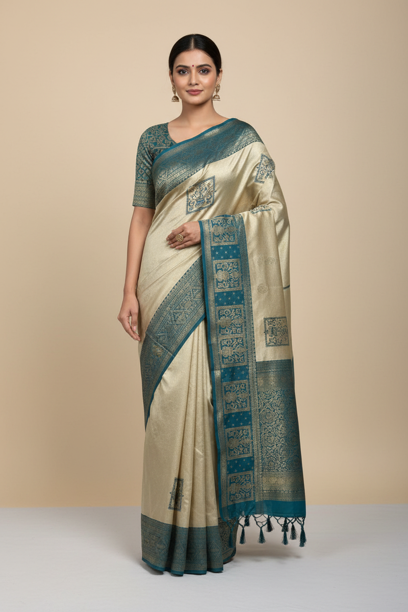 Semi-Silk Saree in Off White with Peacock Green Border