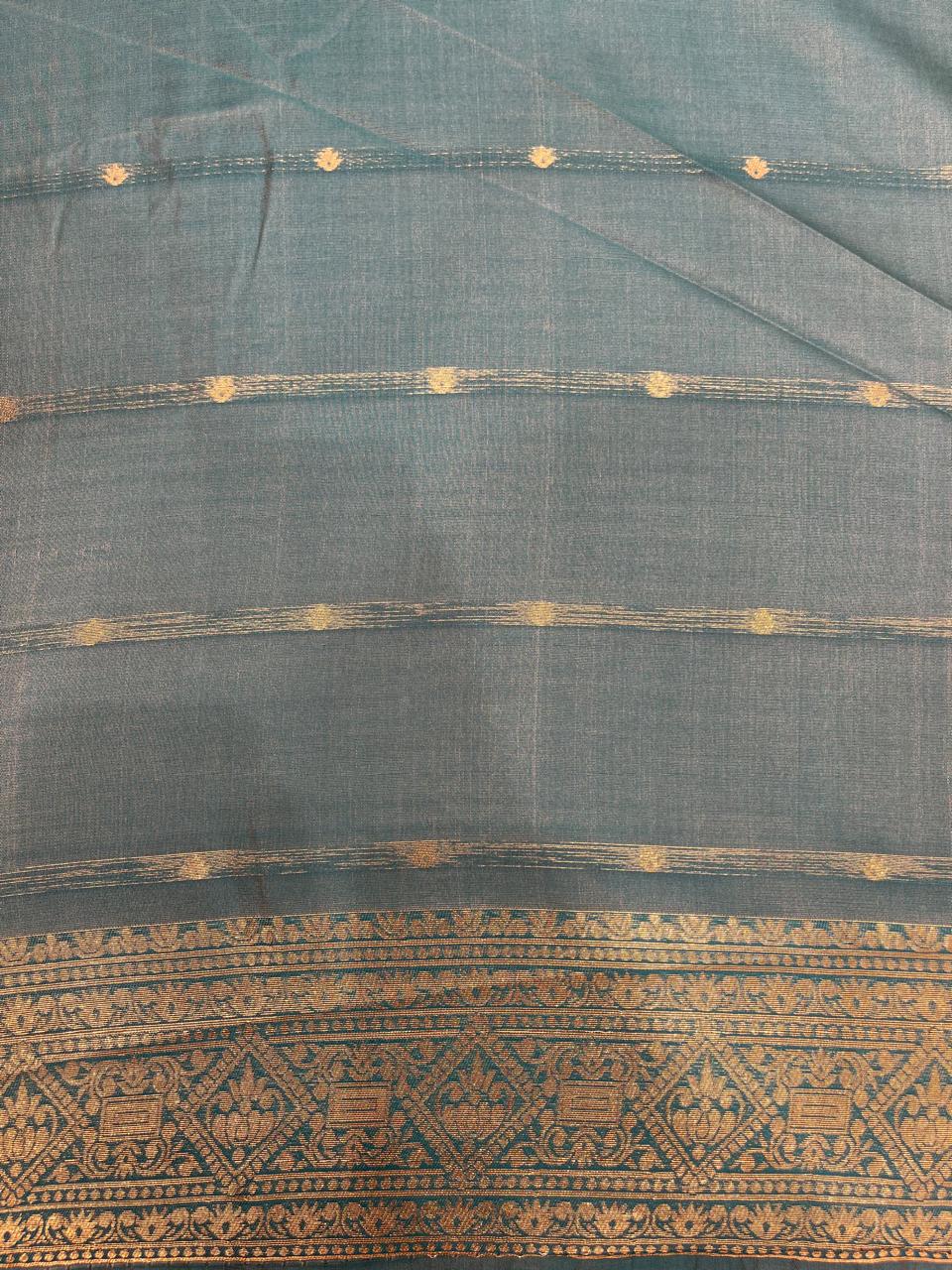 Semi-Silk Saree in Off White with Peacock Green Border