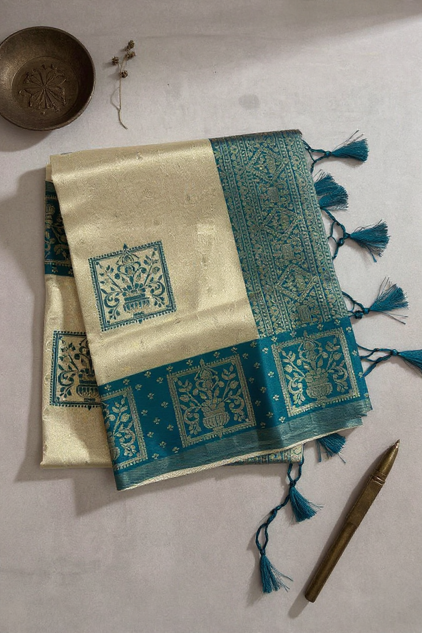 Semi-Silk Saree in Off White with Peacock Green Border