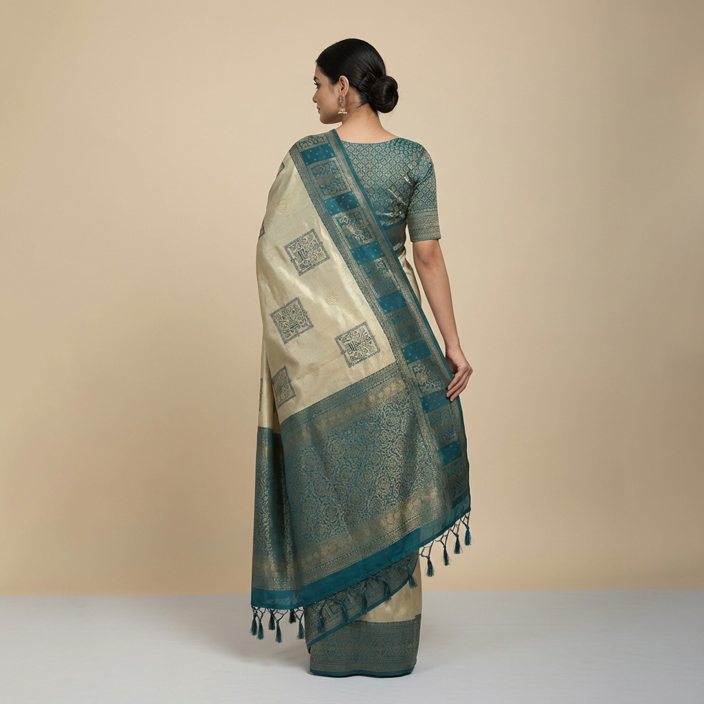 Semi-Silk Saree in Off White with Peacock Green Border