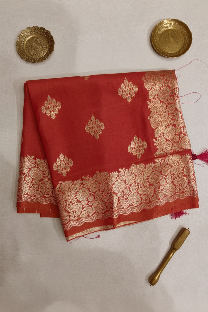 Semi-Soft Silk Saree in Orange with Silver Jari Work