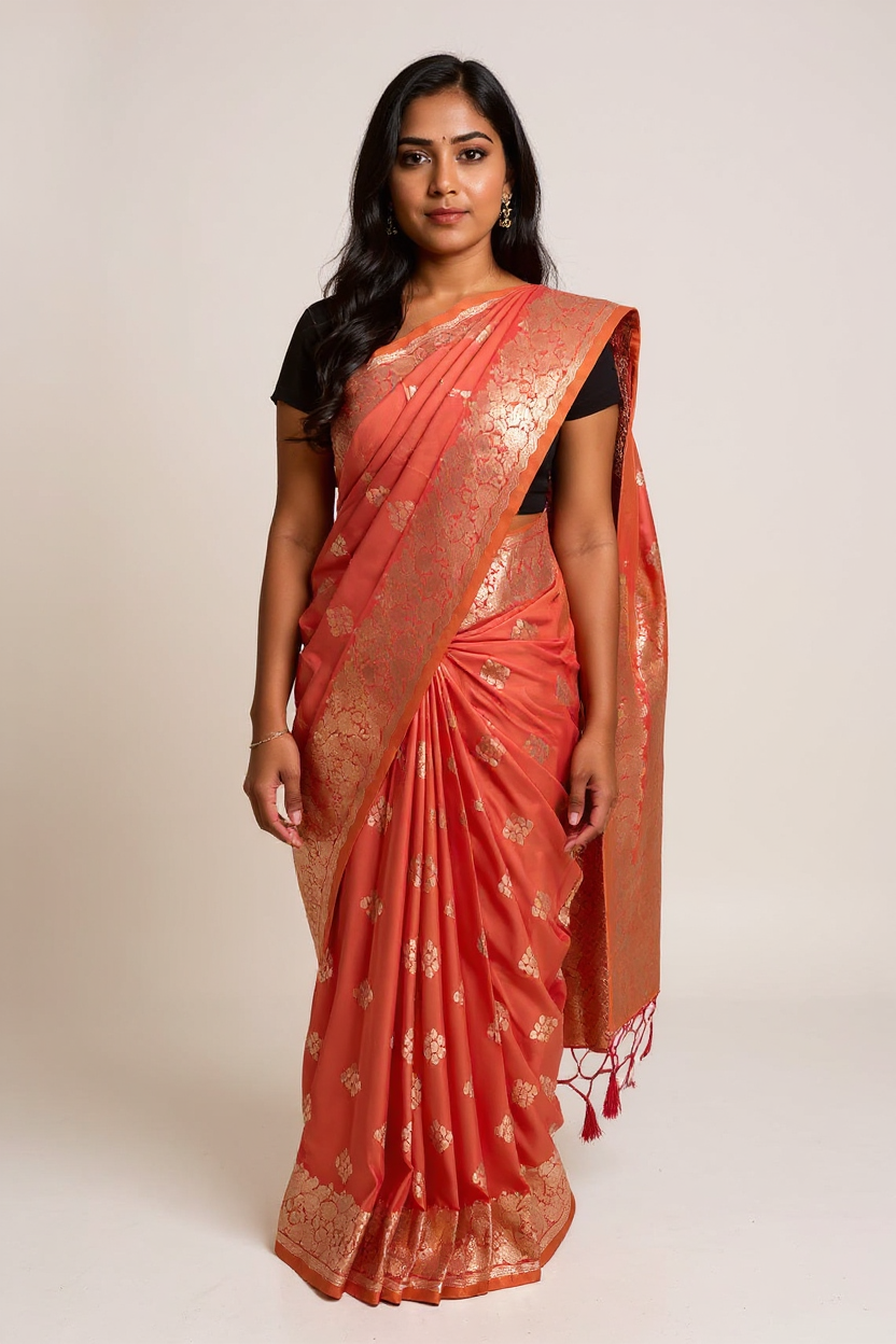 Semi-Soft Silk Saree in Orange with Silver Jari Work