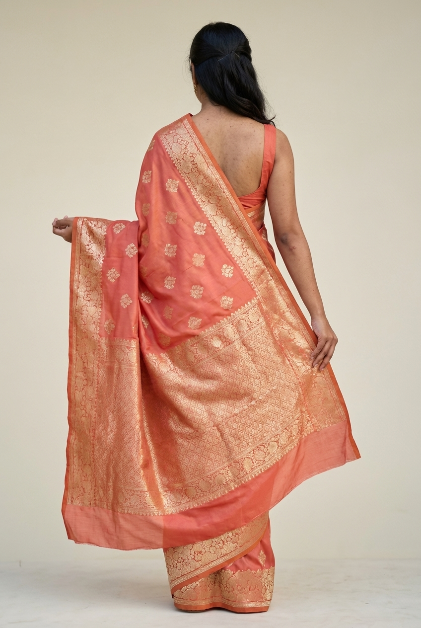 Semi-Soft Silk Saree in Orange with Silver Jari Work