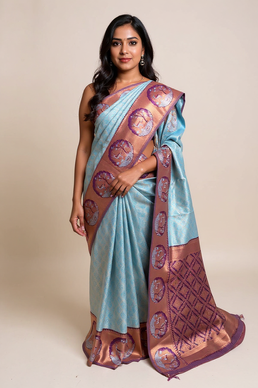 Classic Semi-Soft Silk Saree in Sky Blue with Contrasting Purple Border