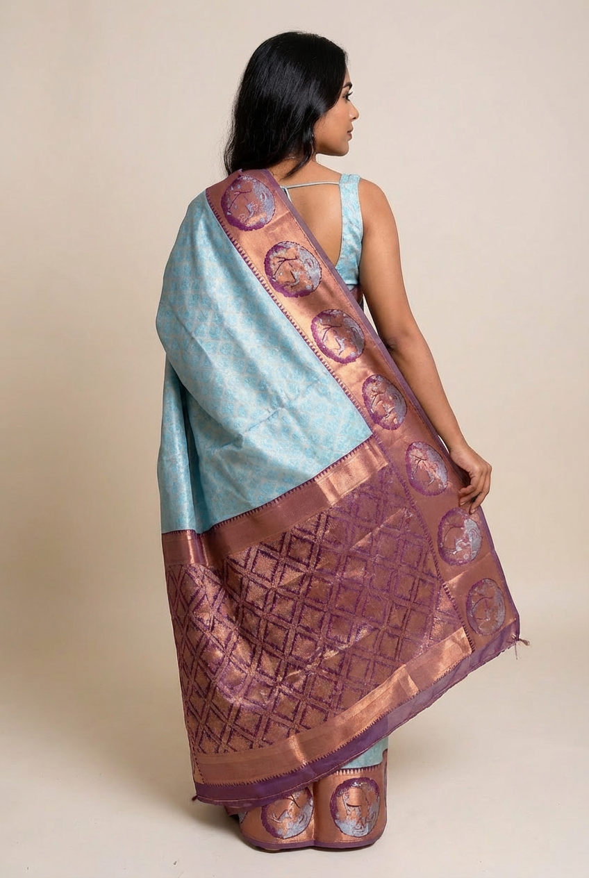 Classic Semi-Soft Silk Saree in Sky Blue with Contrasting Purple Border