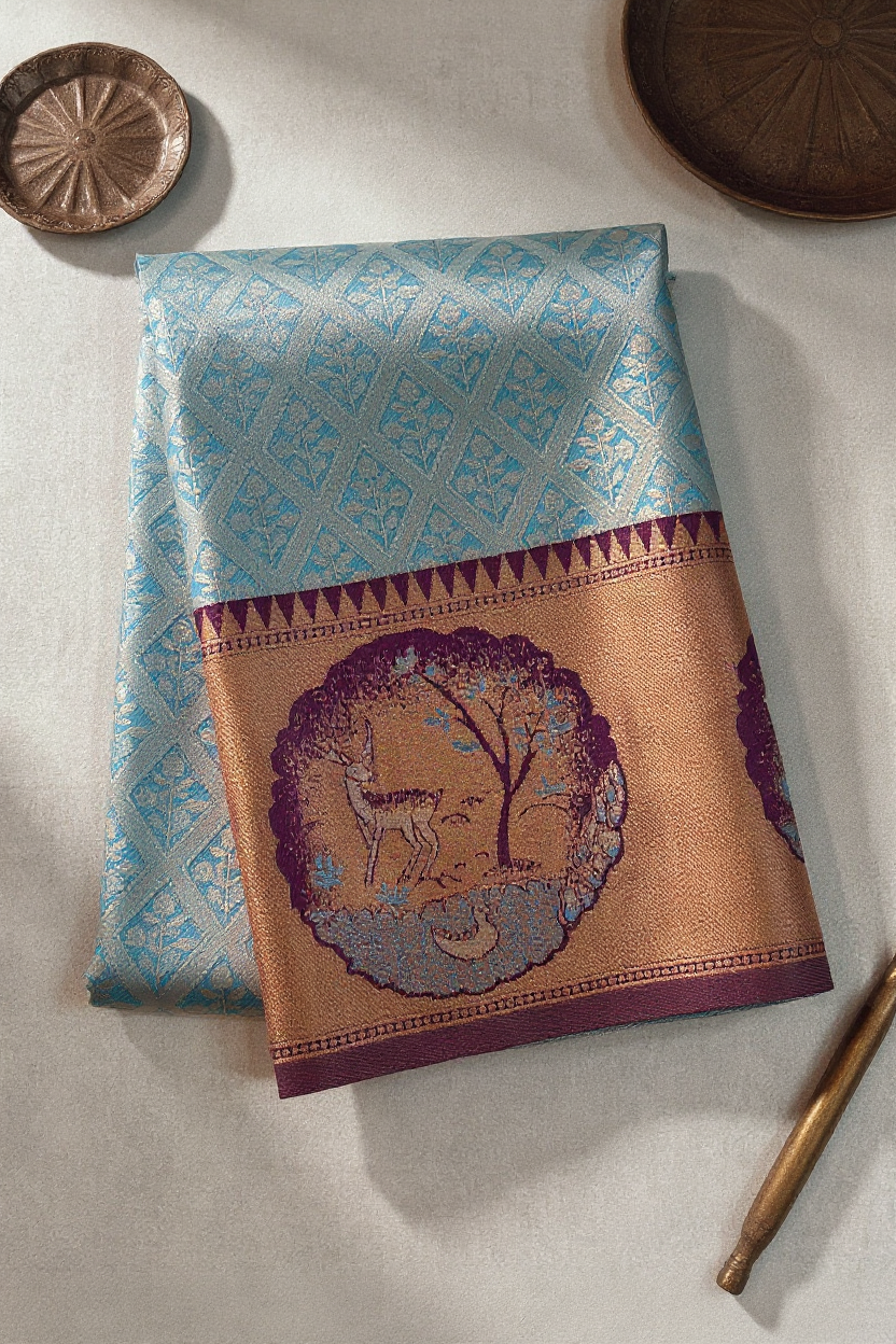 Classic Semi-Soft Silk Saree in Sky Blue with Contrasting Purple Border