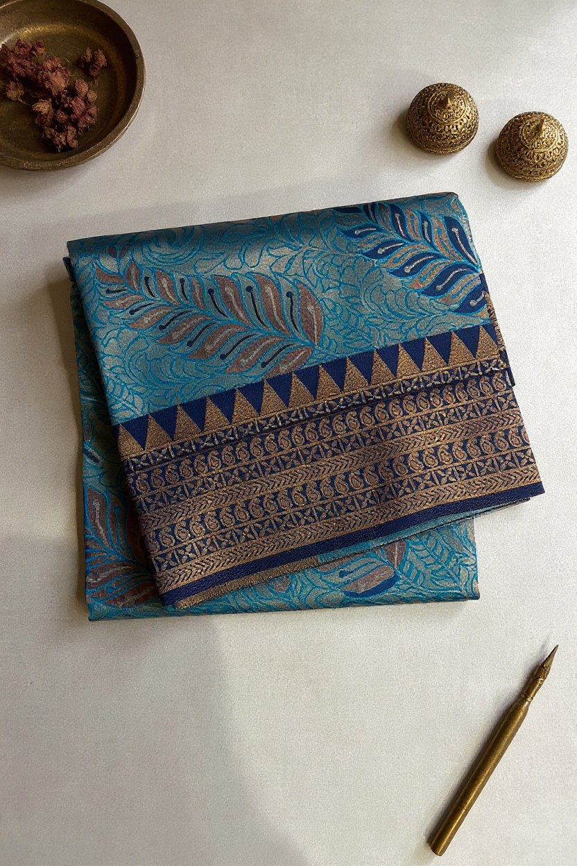 Elegant Sky-Blue Semi-Soft Silk Saree with Contrasting Navy Blue Border