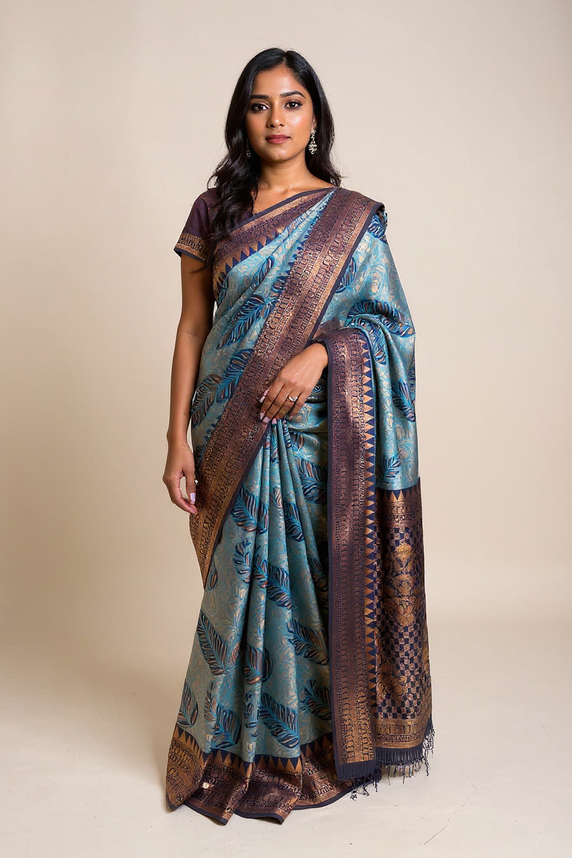 Elegant Sky-Blue Semi-Soft Silk Saree with Contrasting Navy Blue Border