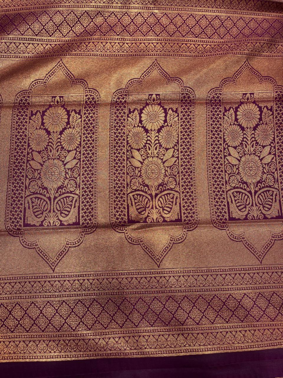 "Elegant Gold Semi-Soft Silk Saree with Rich Purple Border