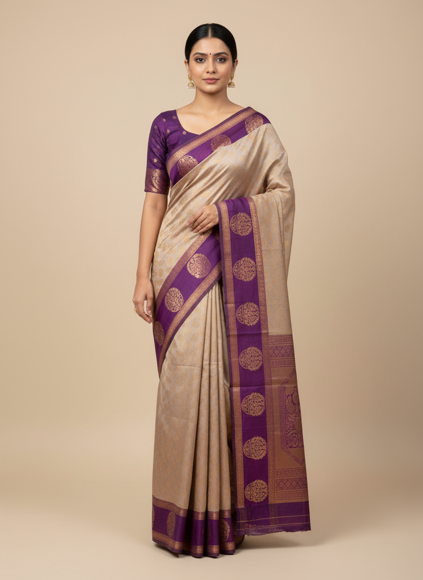 "Elegant Gold Semi-Soft Silk Saree with Rich Purple Border