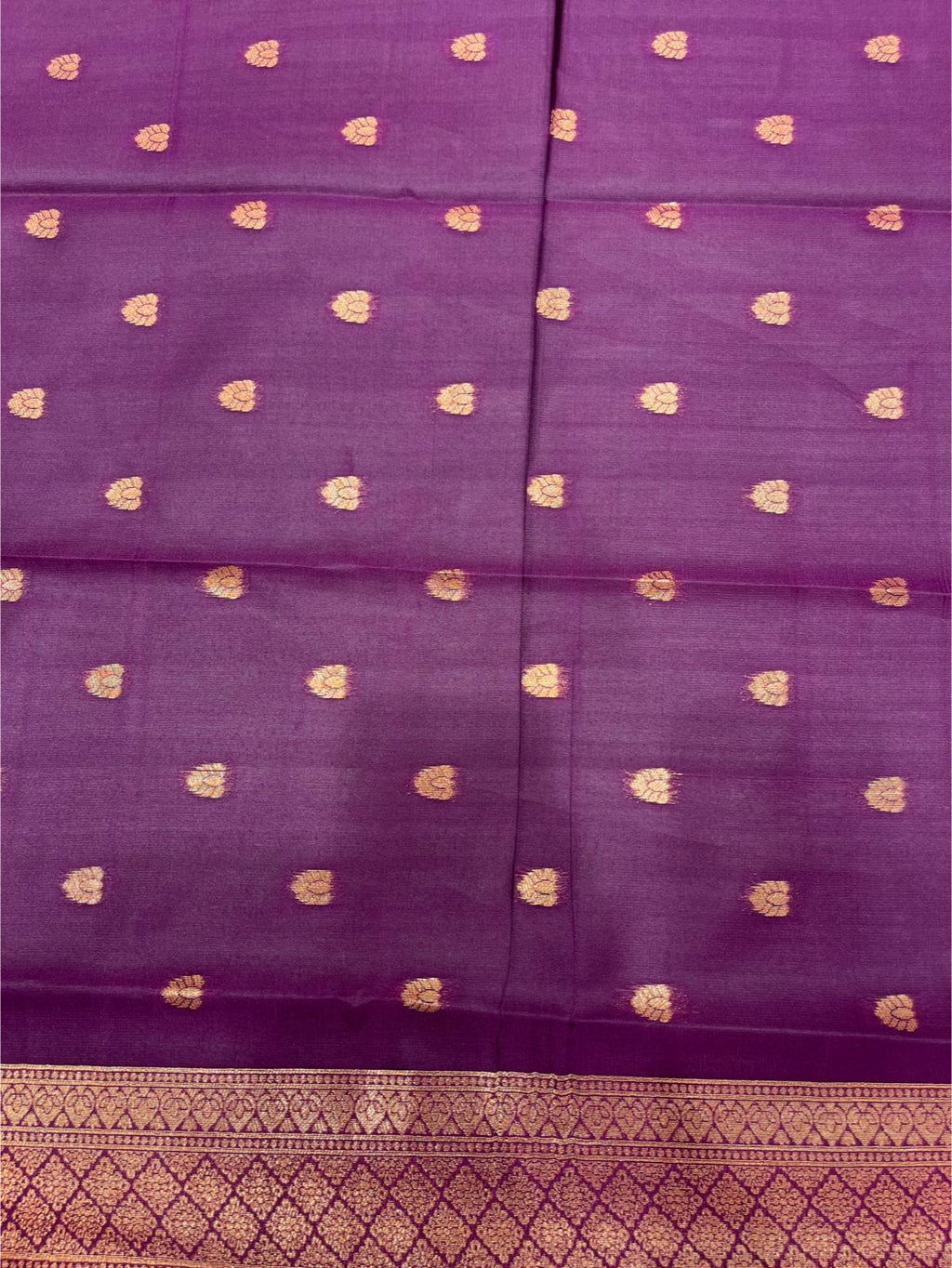 "Elegant Gold Semi-Soft Silk Saree with Rich Purple Border