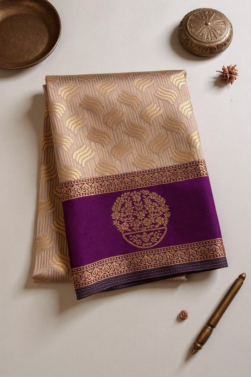 "Elegant Gold Semi-Soft Silk Saree with Rich Purple Border