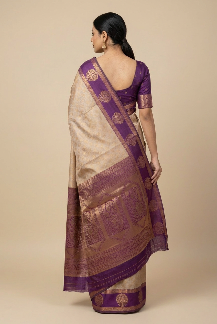 "Elegant Gold Semi-Soft Silk Saree with Rich Purple Border