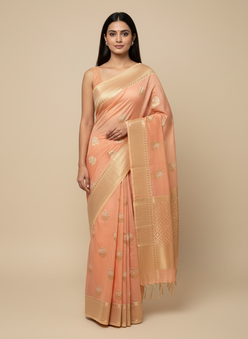 Elegant Light Peach Semi-Soft Silk Saree with Lustrous Finish