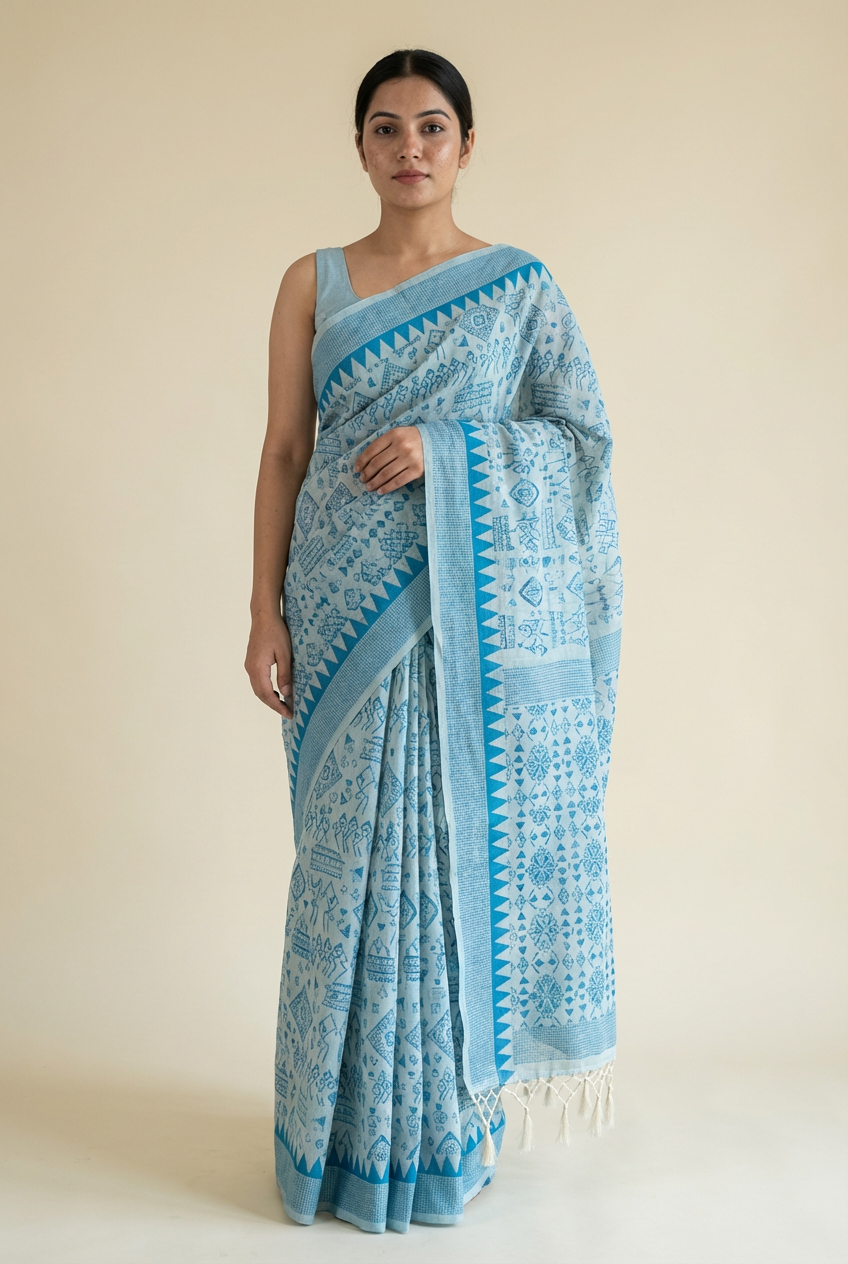 Elegant White Semi-Soft Silk Saree with Sky Blue Border