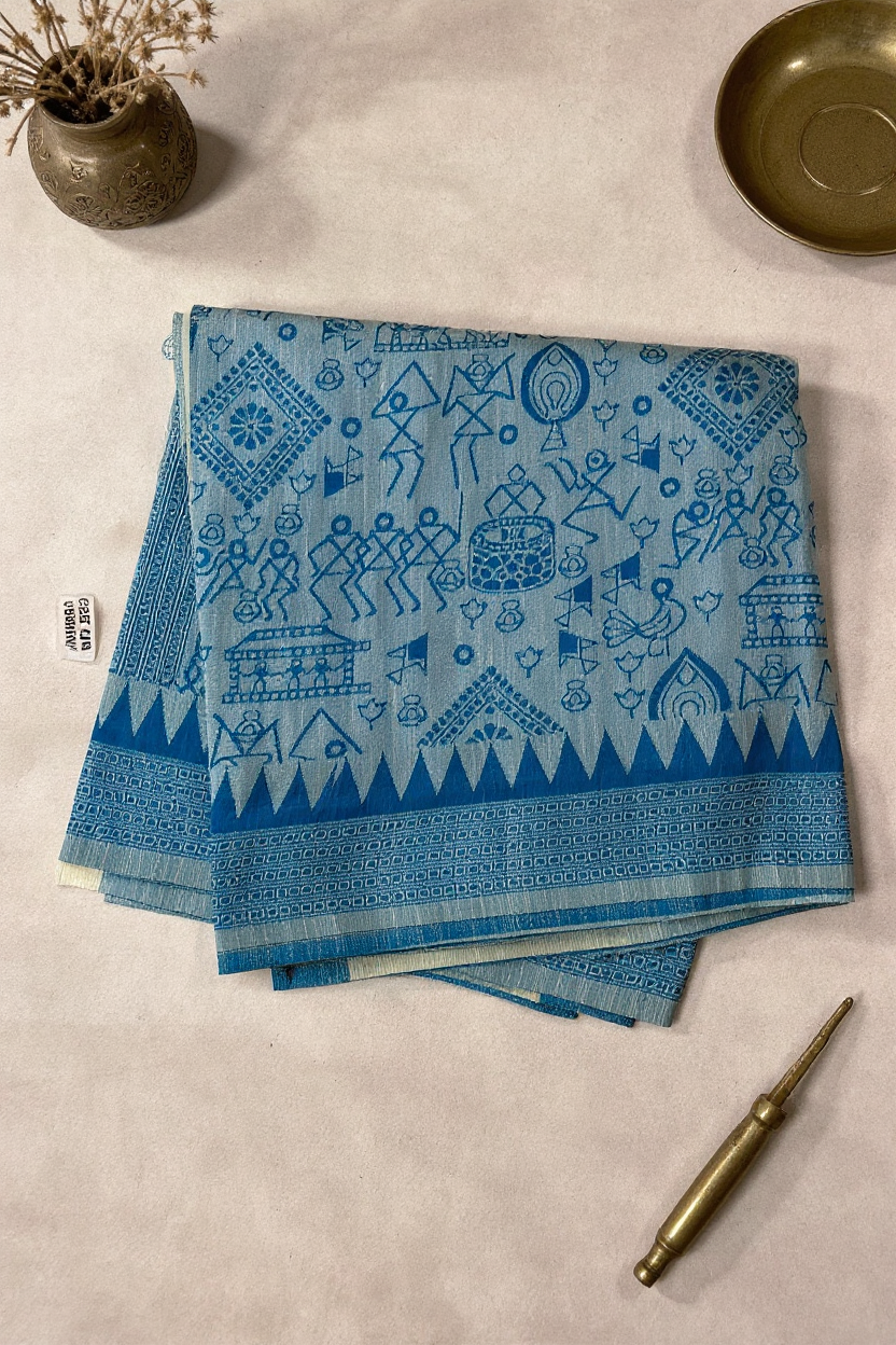 Elegant White Semi-Soft Silk Saree with Sky Blue Border