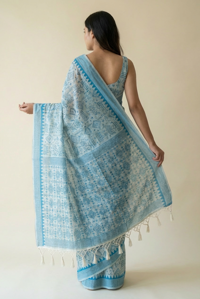 Elegant White Semi-Soft Silk Saree with Sky Blue Border