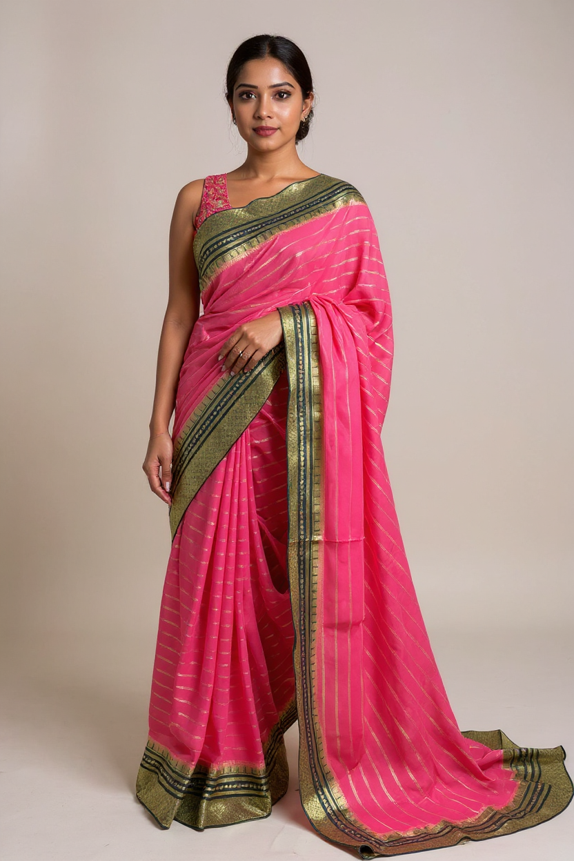Pink Elegant Striped Crape Saree with Green border.
