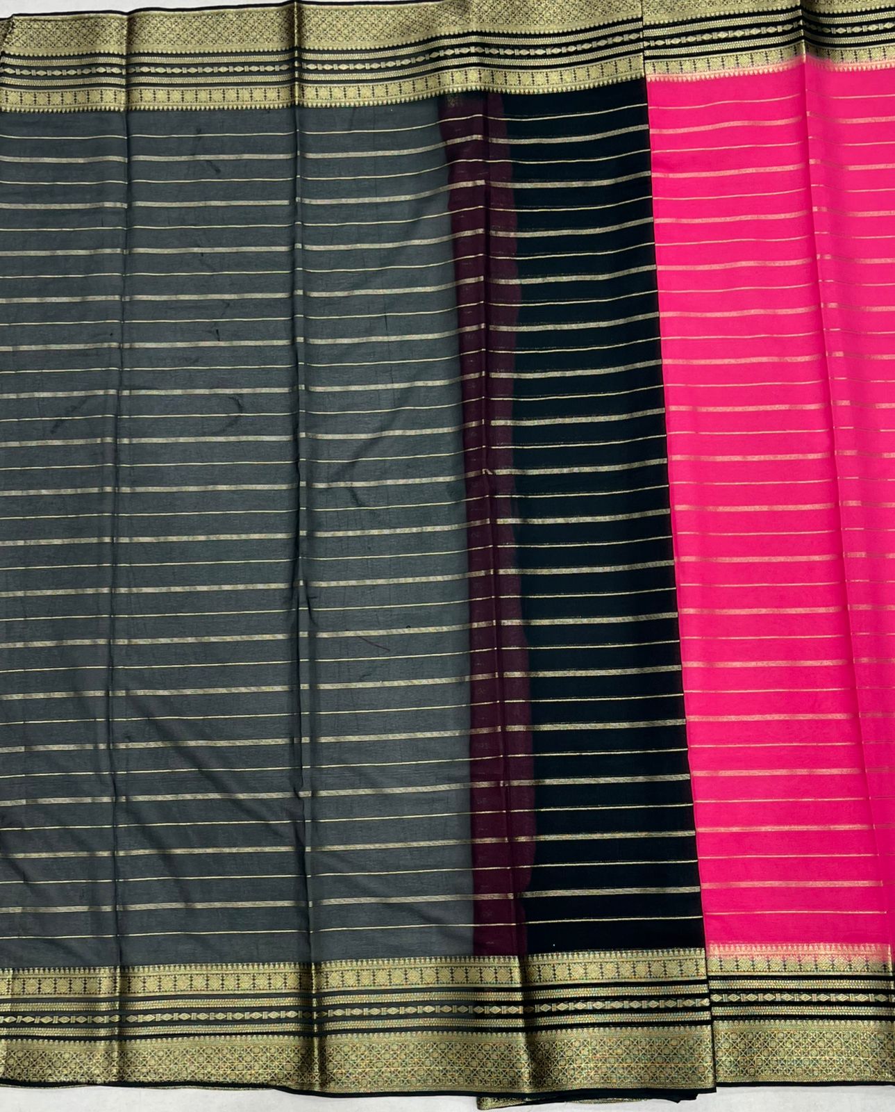 Pink Elegant Striped Crape Saree with Green border.