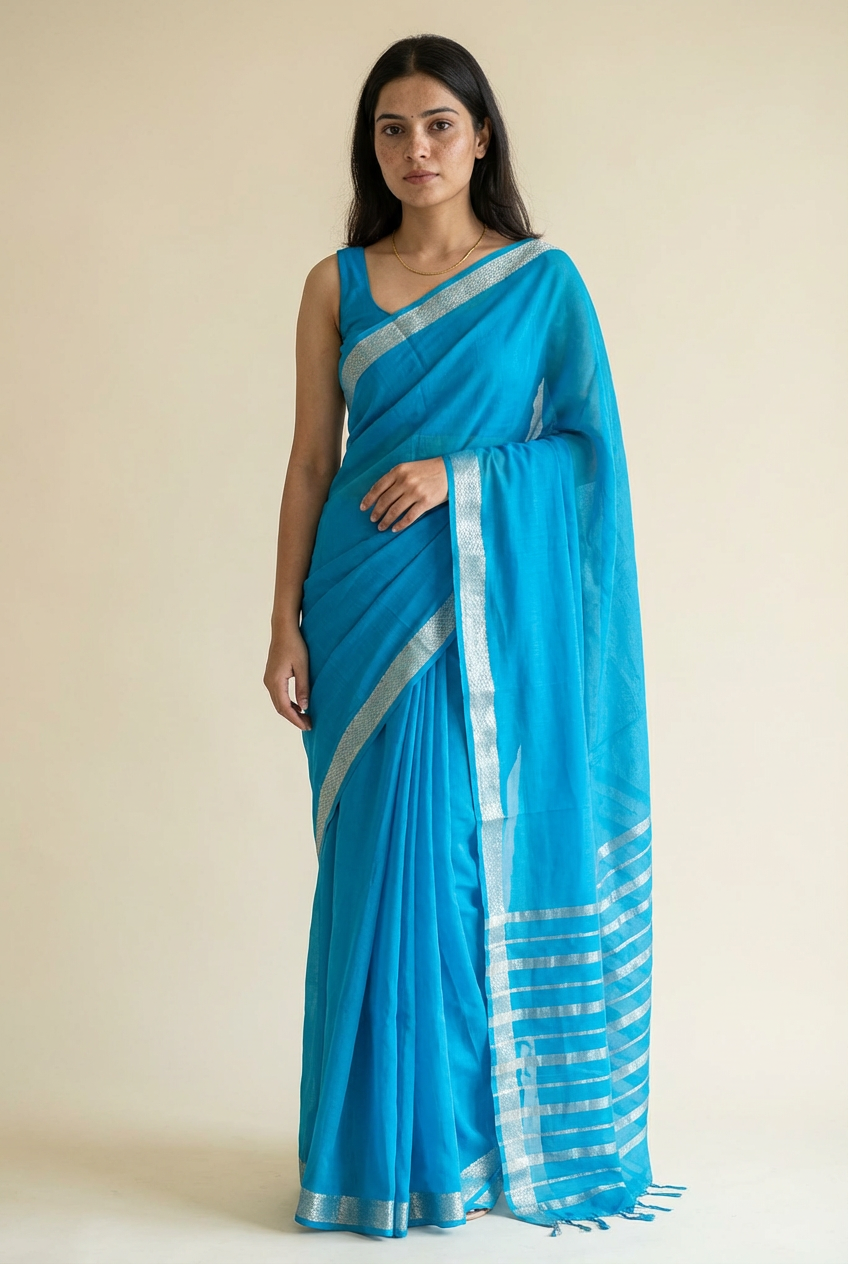 Graceful Sky Blue Solid Crape Saree – Silk Studio Collection
