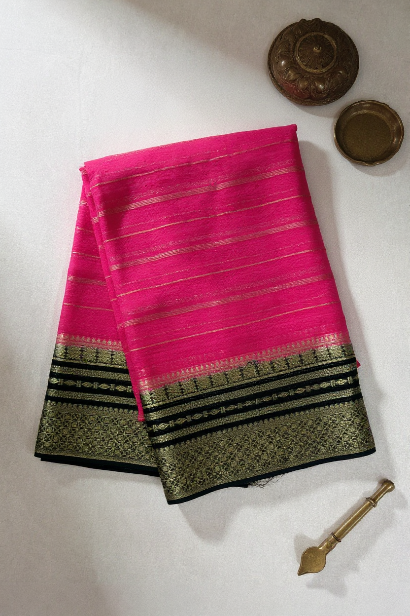 Pink Elegant Striped Crape Saree with Green border.