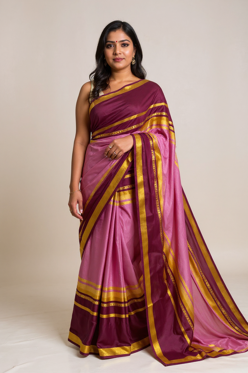 Pink Crape Saree with Premium Wine and Golden border.