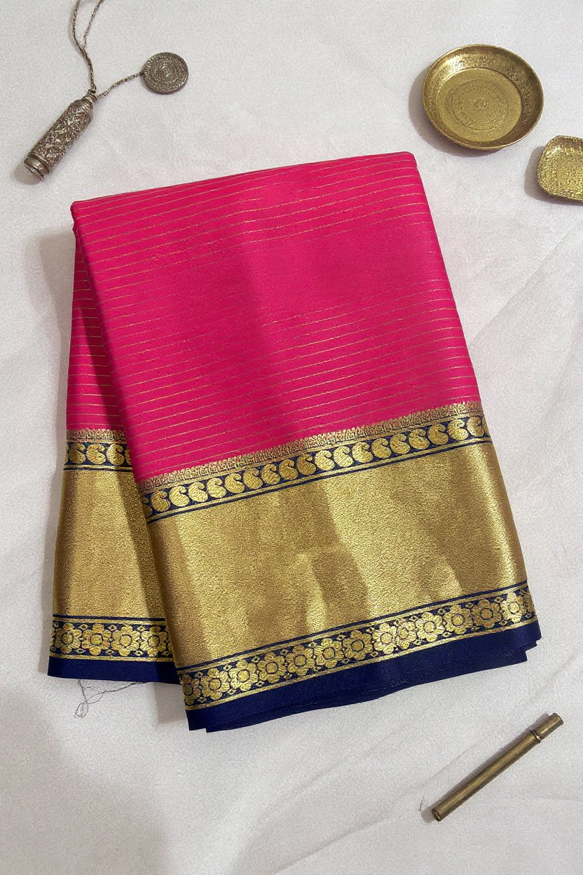Elegant Pink Solid Crape Saree with Navy Blue Border – Silk Studio