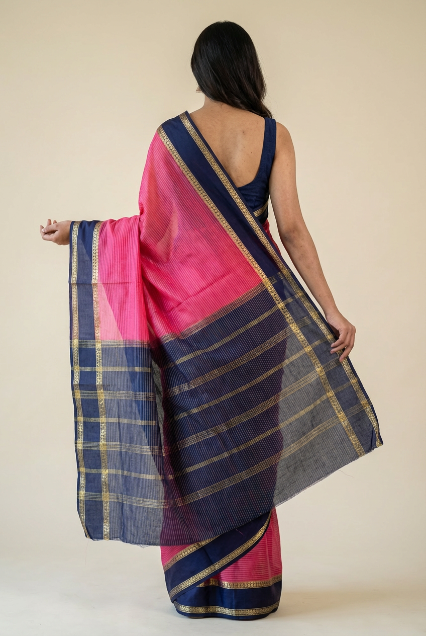 Elegant Pink Solid Crape Saree with Navy Blue Border – Silk Studio