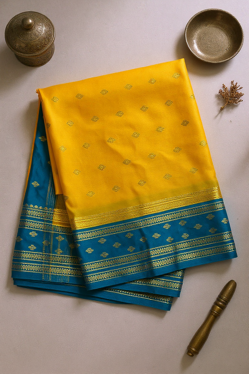 Premium Yellow Crape Saree with Blue Border.