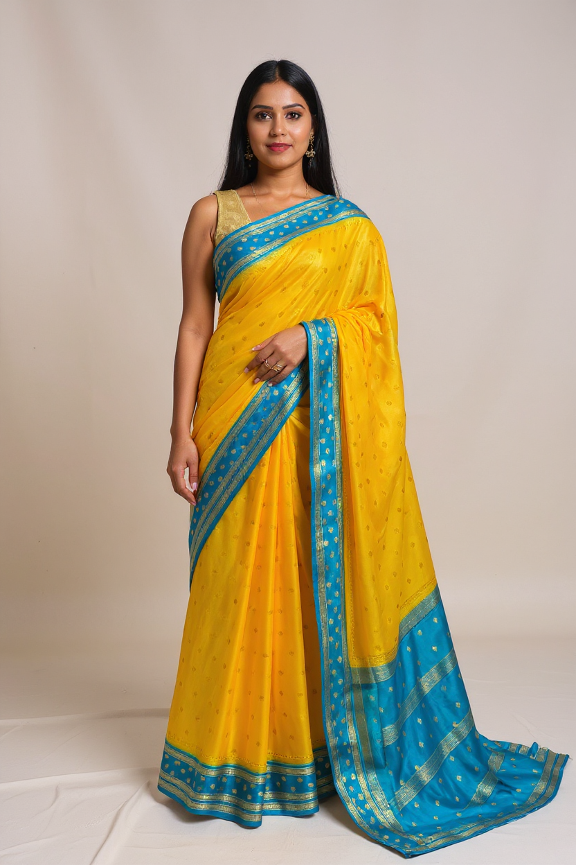 Premium Yellow Crape Saree with Blue Border.