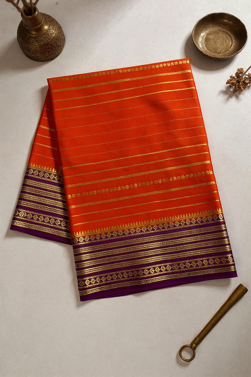 Orange Premium Crape Striped Saree with Purple border.