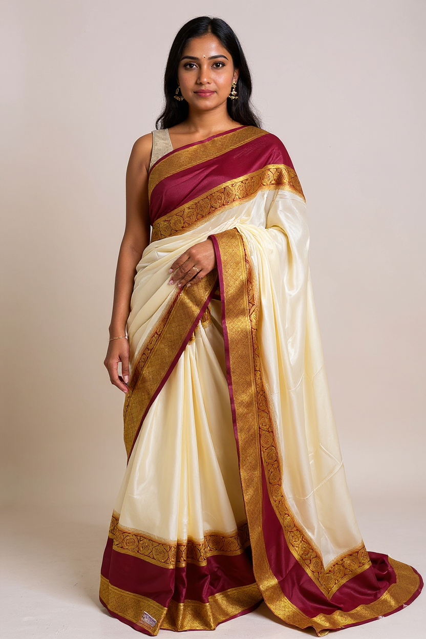 Elegant Cream Crape Saree with Maroon border.